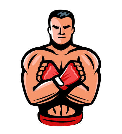 Fighter with boxing gloves design for sports emblem. Muscular boxer mascot logo design. Vector illustration isolatedのイラスト素材