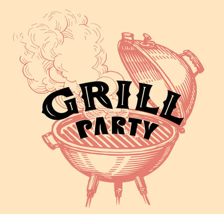 Grill party. Summer barbecue picnic in backyard with grilled food. Cookout BBQ concept. Sketch vector illustrationのイラスト素材