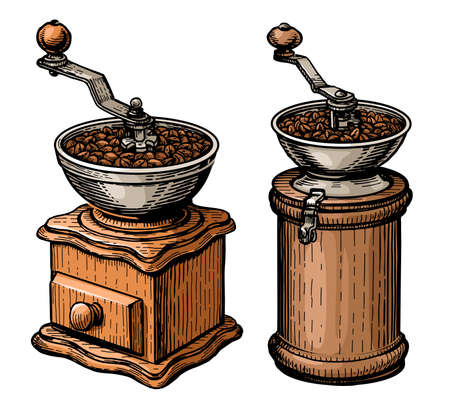 Retro coffee grinder isolated. Colorful vector illustration for posters, decoration and print. Vintage styleのイラスト素材
