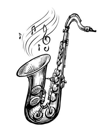 Saxophone with musical notes. Music concept. Hand drawn sketch. Vintage vector illustrationのイラスト素材