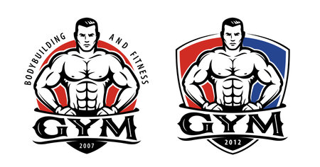 Gym logo template. Design for sport label, fitness badge. Sport symbol, bodybuilding emblem. Vector illustrationのイラスト素材