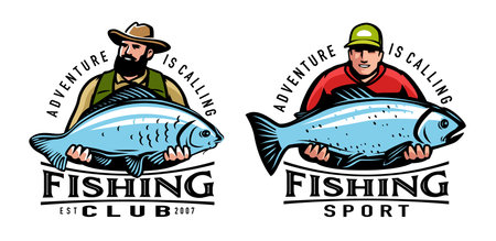 Fisherman holds big fish caught on fishing rod. Sport fishing emblem or logo design template. Vector illustration setのイラスト素材