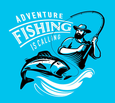 Fisherman catches fish with rod. Fishing emblem, label and design element. Outdoor activities vector illustrationのイラスト素材