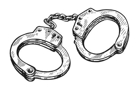 Closed prison handcuffs hand drawn sketch. Metal shackles, police arrest, justice concept. Vector illustration isolatedのイラスト素材
