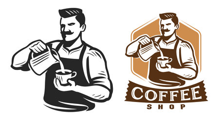 Coffee shop emblem. Design template for restaurant or cafe menu. Barista preparing coffee logo vector illustrationのイラスト素材