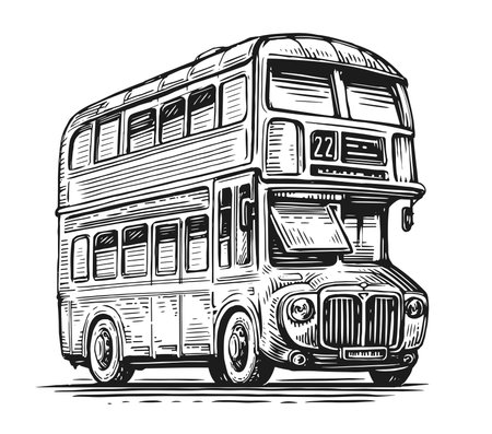 Hand drawn sketch retro London bus. England urban public transport. Vintage vector illustration isolated on whiteのイラスト素材