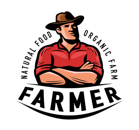 Farmer man in a hat logo. Farm, agriculture, farming symbol. Organic farm food retro emblem vector illustrationのイラスト素材