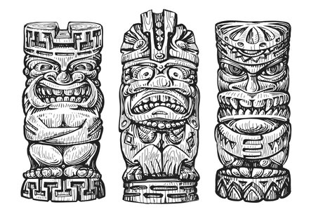 Hawaii wooden tiki masks sketch. Traditional ethnic idol of hawaiian or maori. Polynesian old tribal totem vectorのイラスト素材