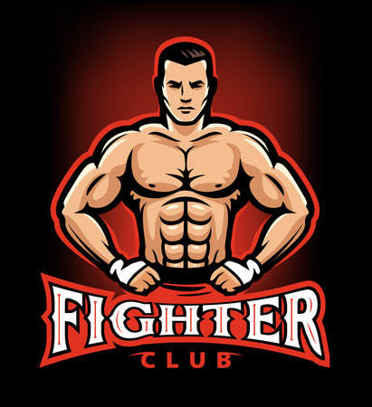 MMA muscular fighter with boxing gloves. Fight club logo. Mixed martial arts sport emblem vector illustrationのイラスト素材