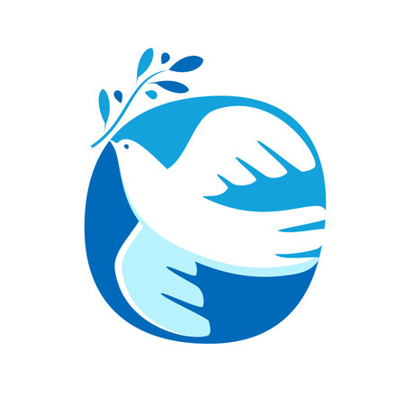 Dove with olive branch logo or emblem. Symbol of peace and freedom vector. Bird, pigeon holding plant twig iconのイラスト素材
