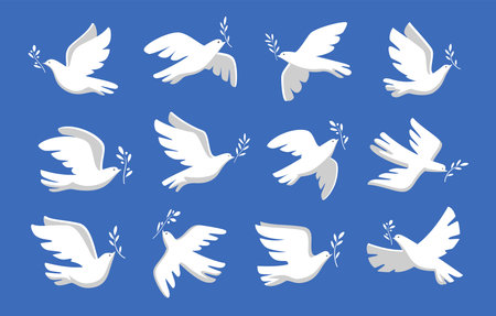 Peace dove with olive branch symbol. Bird and twig symbol of peace and freedom. Flying pigeon icon. Vector illustrationのイラスト素材
