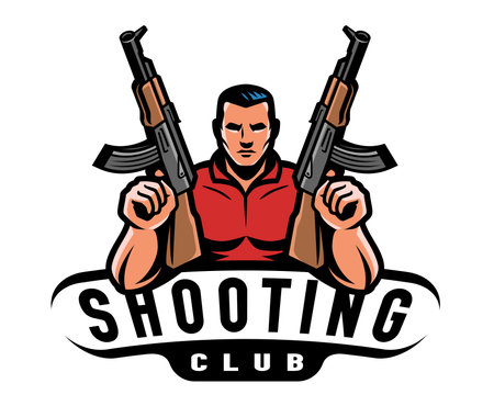 Shooting club sports logo. Man is holding an assault rifles. Active sport, gun shooting emblem. Vector illustrationのイラスト素材