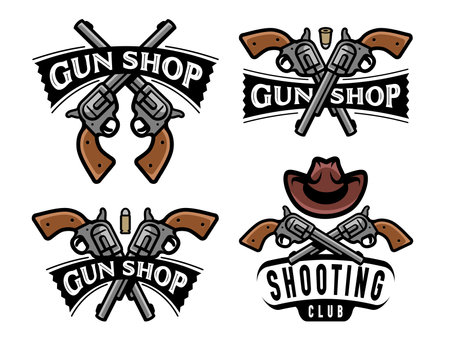 Gun shop, Shooting club badge or logo. Pistol, revolver symbol set. Weapon emblem vector illustrationのイラスト素材