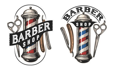 Barbershop emblem. Barber pole, scissors, shaving razor. Haircut and shave, male beauty salon logo. Vector illustrationのイラスト素材