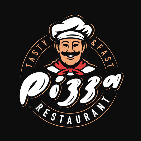 PIZZA restaurant emblem design. Funny chef with cook hat logo. Vector illustrationのイラスト素材