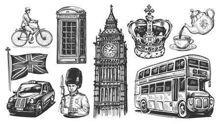 England, London set. Hand drawn collection of illustrations in vintage engraving sketch style. United Kingdom conceptの写真素材