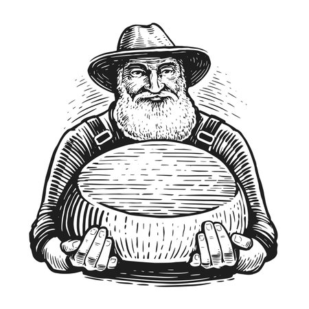 Farmer holding a head of cheese. Milk farm concept. Dairy natural organic food. Sketch vintage vector illustrationのイラスト素材