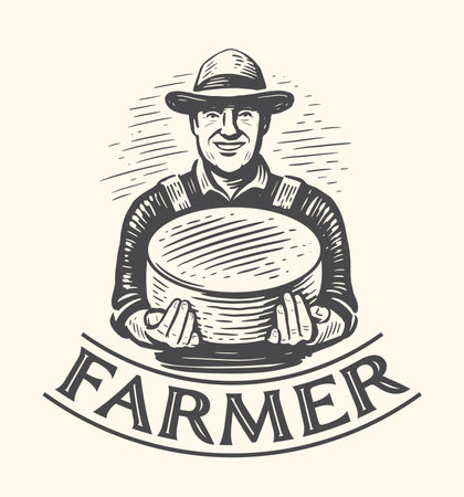 Farmer with holding cheese round. Milk farm logo. Dairy natural organic food emblem. Vintage sketch vector illustrationのイラスト素材