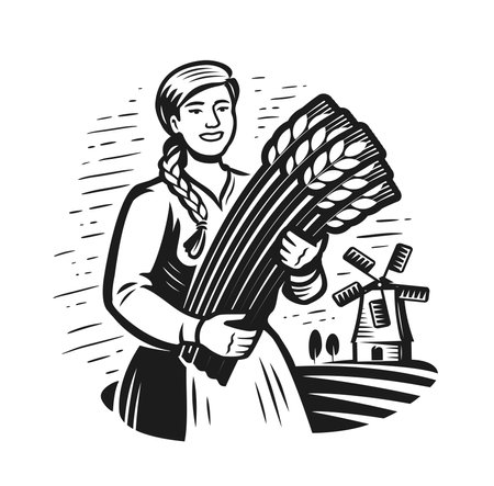 Girl or young woman farmer holding a bunch of ears of wheat. Agriculture, windmill emblem. Healthy organic farm foodのイラスト素材