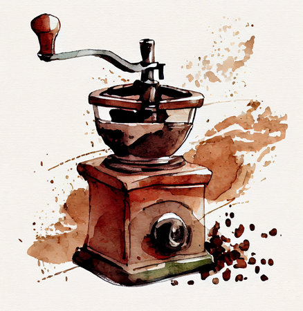 Retro wooden coffee grinder with beans. Watercolor drawing. Generative AI illustration for restaurant or cafe menuの素材