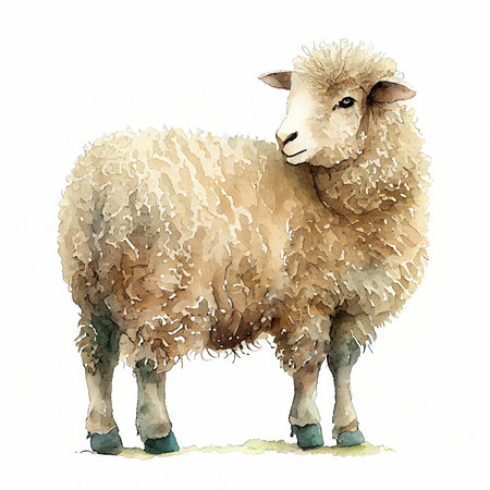 Cute little lamb on Sheep farm. Generative AI illustration in watercolor styleの素材