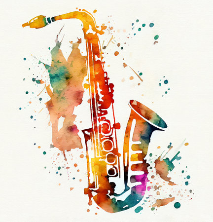 Saxophone, musical instrument abstraction. Jazz art concept. Generative AI illustration in watercolor styleの素材
