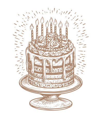 Birthday cake with candles. Fun holiday or solemn event. Vintage sketch vector illustrationのイラスト素材