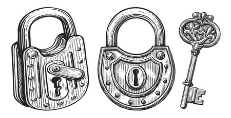 Key and lock, closed padlock set. Hand drawn vintage sketch vector illustrationのイラスト素材