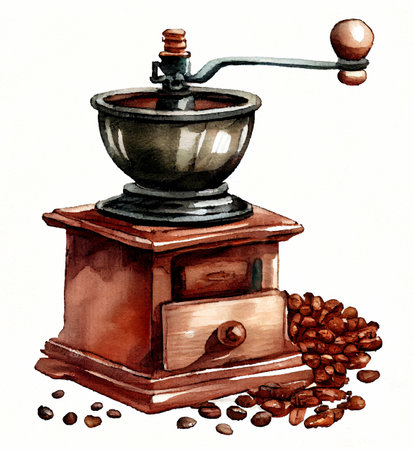 Retro coffee grinder for grinding beans. Old retro hand-operated wooden coffee mill. Generative AI, watercolor style artの素材