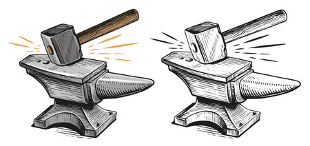 Hammer strikes the anvil, sparks. Blacksmith craft concept. Metal working tools. Sketch vintage vector illustrationのイラスト素材
