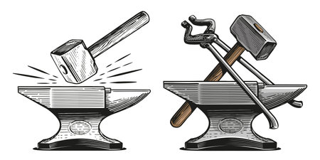 Anvil, hammer, tongs. Metal working tools. Blacksmith, ironwork concept. Hand drawn sketch vintage vector illustrationのイラスト素材
