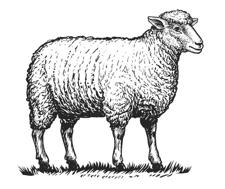Farm sheep standing on grass. Hand drawn domestic animal with thick woolly coat. Livestock farming, vector illustrationのイラスト素材