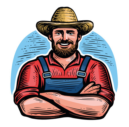 Happy farm worker in hat emblem. Smiling senior farmer with arms crossed. Vector illustrationのイラスト素材