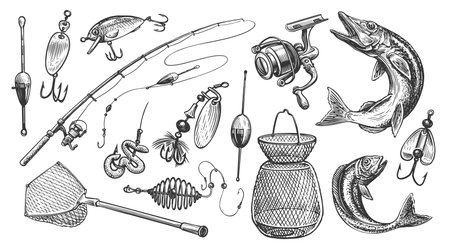 Equipment for fishing set. Fishing rod, floats and other devices for sport fishing. Sketch vector illustrationのイラスト素材