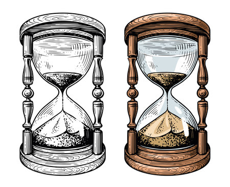 Hourglass, sandglass sketch. Old sand timer vintage vector illustrationのイラスト素材