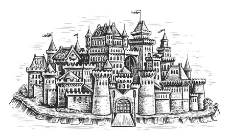 Medieval town. Stone castle with towers. Cityscape in vintage engraving style. Hand drawn sketch illustrationの写真素材