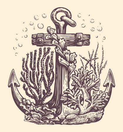 Old ship anchor drawn in vintage engraving style. Marine concept. Sketch vector illustrationのイラスト素材