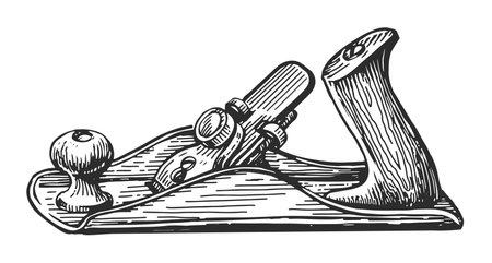 Wood shaving tool sketch. Carpenter planer, jointer in vintage engraving style. Carpentry, workshop vector illustrationのイラスト素材