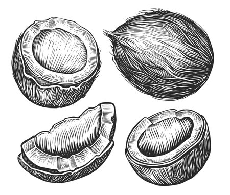 Coconut nut set. Hand drawn sketch vector tropical food vector illustration. Vintage styleのイラスト素材