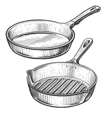 Frying Pan with handle. Hand drawn sketch vector illustration in vintage engraving styleのイラスト素材