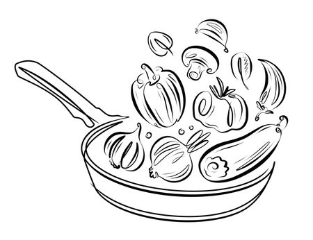 Vegetables falling into frying pan. Healthy eating, vegetarian food. Cooking vector illustrationのイラスト素材