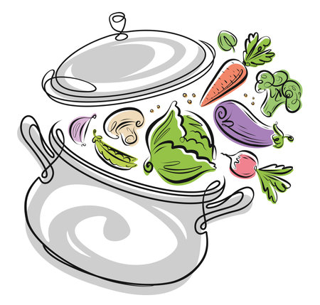Fresh farm vegetables and kitchen pot. Cooking ingredients in saucepan. Food concept vector illustrationのイラスト素材