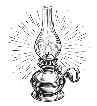 Vintage oil lantern or kerosene lamp with rays of light. Old oil lamp sketch vector illustration engraving styleのイラスト素材