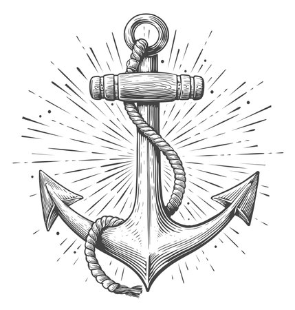 Vintage sea anchor with rope in engraving style. Ship hook sketch vector illustrationのイラスト素材