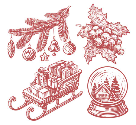 Santa Claus sleigh with gifts. Fir branch with Christmas decorations. Glass ball with snow. Holly vector illustrationのイラスト素材