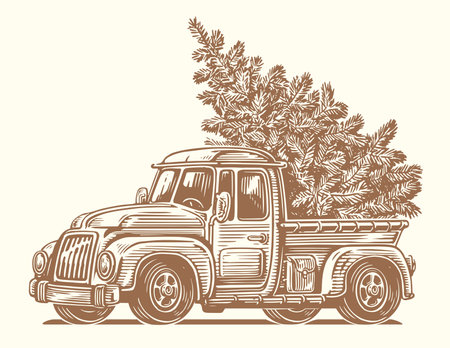 Retro truck and Christmas tree in the back of a car. Happy holidays sketch vector illustrationのイラスト素材