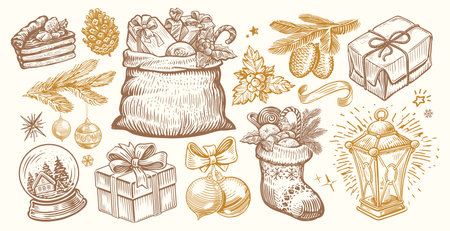 Christmas and New Year concept. Set of retro items hand drawn in sketchy style. Vintage vector illustrationのイラスト素材