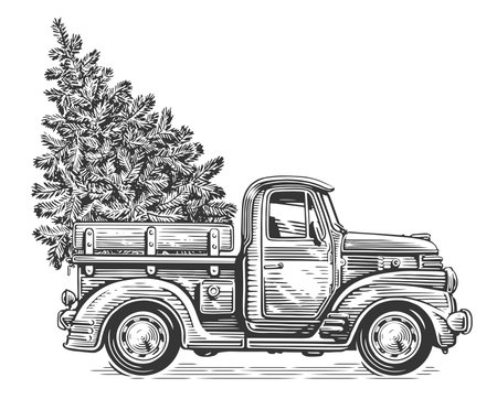 Christmas retro truck with pine tree in sketch style. Hand drawn vintage vector illustrationのイラスト素材