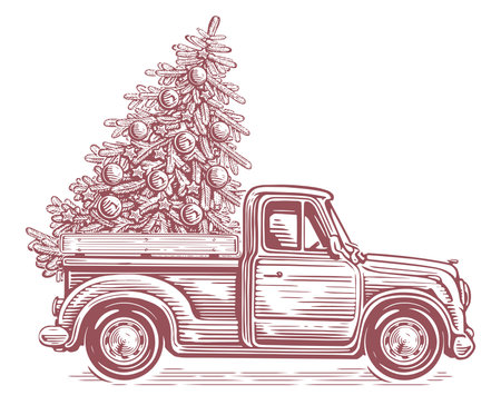 Retro truck and Christmas tree in the back of a car. Hand drawn sketch vector illustrationのイラスト素材