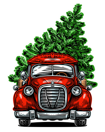 Christmas tree in a red retro truck. Happy Holidays, vector illustrationのイラスト素材